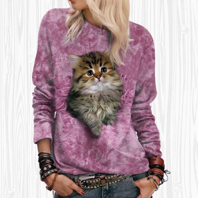 

Женские осенние топы свободная кошка прекрасная кошачий принт причинная футболка с длинным рукавом топ-блузка