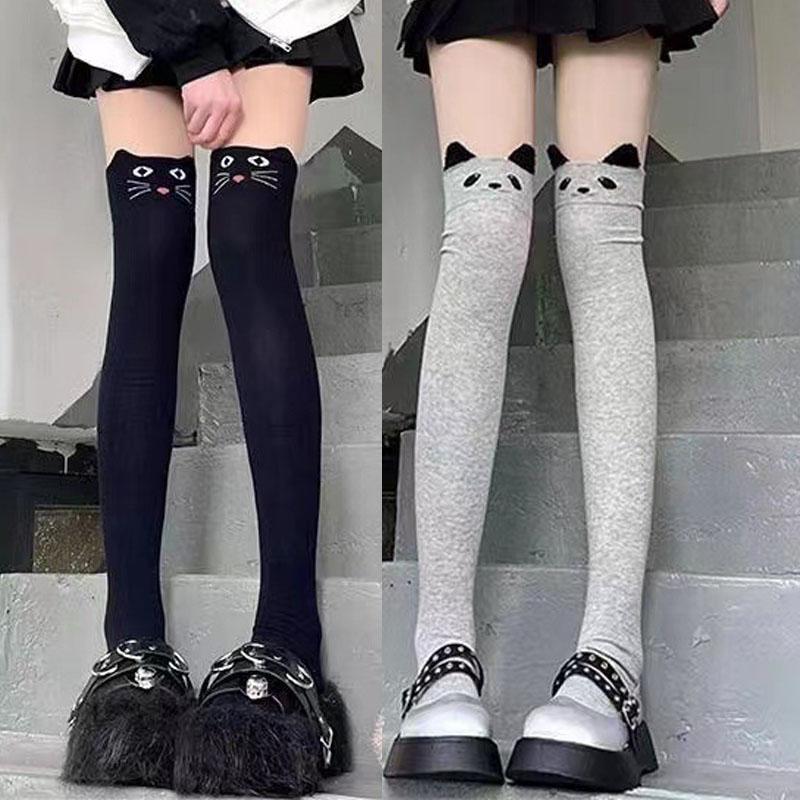 Harajuku Autumn Winter Lolita Kawaii Bear Socks for Woman Cartoon Cat Black Grey Thigh High Stockings Student Long Sock Hosiery