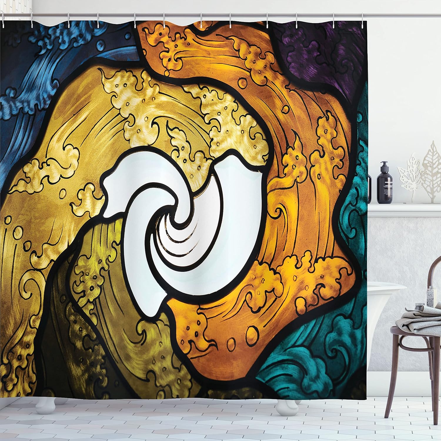 

Japanese Wave Shower Curtain Gold Blue Ocean Design Traditional Art Anime Style Bathroom Decor Water Theme Bath Linen W60H190(CM)-1 Pcs