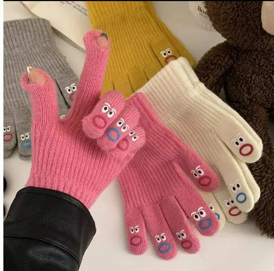 Funny Expression Fingerless Touchscreen Gloves for Women - Warm Knitted Wool for Autumn and Winter Cycling