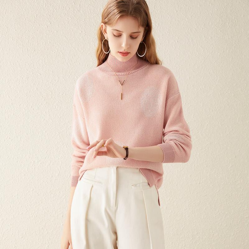 TUHUANG Women's Thickened Pure Wool Color-Block Semi-High Collar Knit Sweater