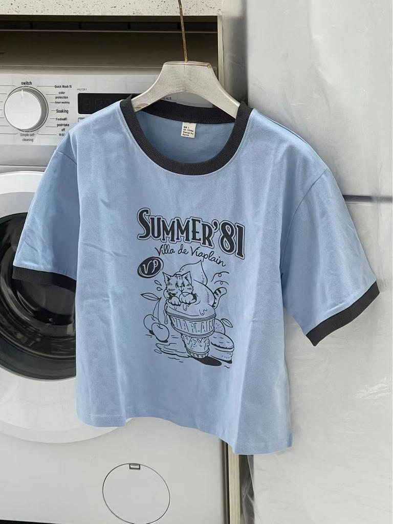 Qiqi 2024 Spring/Summer Color Block Ice Cream Kitten Print Short Sleeve T-Shirt