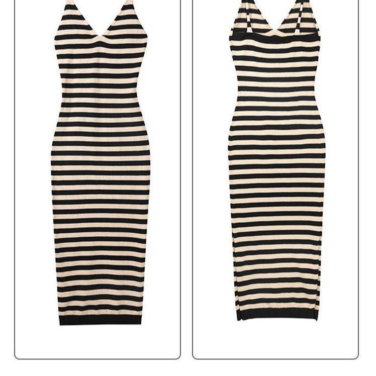 

Bi Lianqian s Striped Camisole Dress with Korean Collar and Hip-Hugging Skirt Set Standard Size