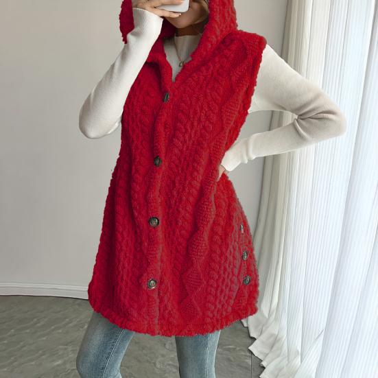 Women's Sleeveless Hoodie Coat Button Down Faux Fur Fuzzy Coat Oversized Textured Hooded Vest Fall Outerwear