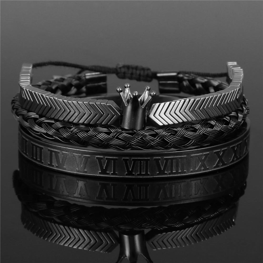 European and American retro crown woven bracelet, Roman letter stainless steel mesh open bracelet set three pieces men