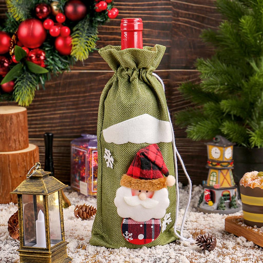 Christmas Linen Old Man Figurine Wine Bottle Cover Holiday Hotel Dining Table Cartoon Three-dimensional Drawstring Wine Bag Decoration