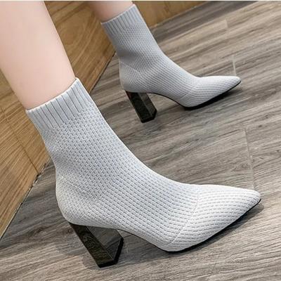 Chaussettes Mode Femme Bottines Tricot Dames Talons Hauts Dames Hiver Tissu Extensible Chaussures Pointues Mode Chaussures Femme 2024