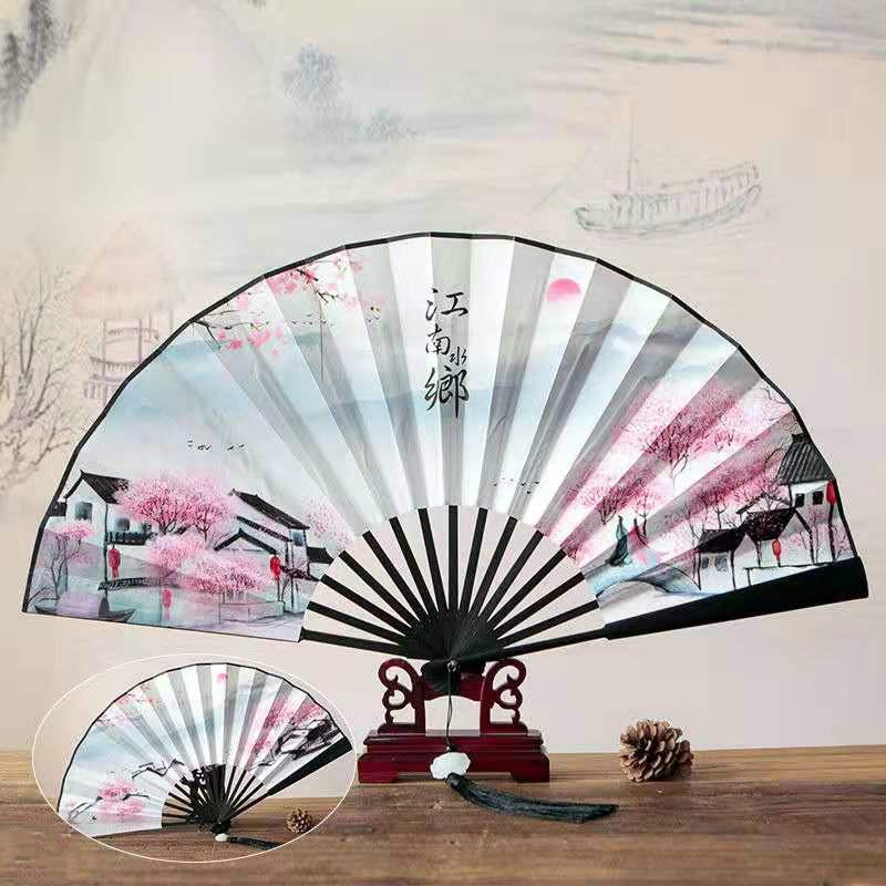 Large Men Silk Fan Hanfu Decoration Classical Portable Bamboo Gift Hand Fan Abanicos Para Boda 33cm Summer Fans Ventilateur