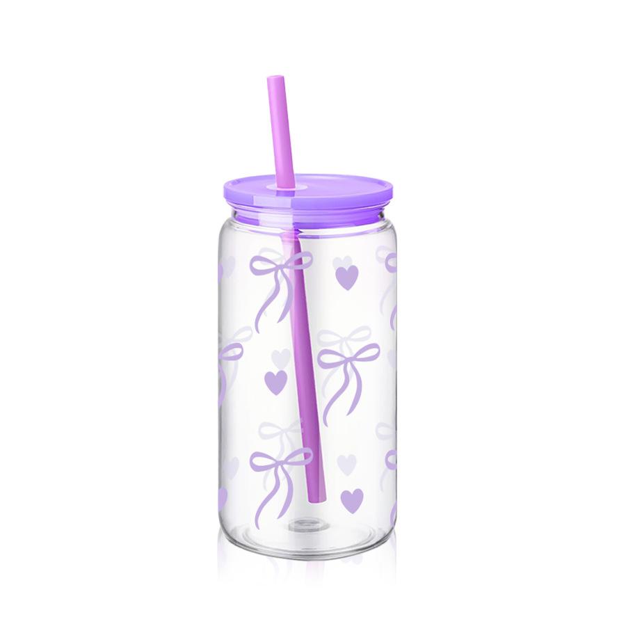 16oz Cute Bow Plastic Cup with Lid Bow Cherry Graffiti Pattern Water Bottle for Kitchen Coffee Straw Cups Beverage Juice Cups