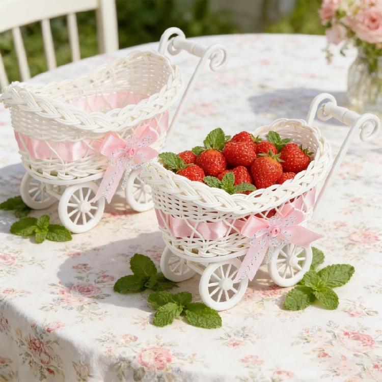 Woven Miniature Trolley Shape Baby Shower Candy Basket Artificial Rattan Strollers Flower Basket Multifunction Party Decors