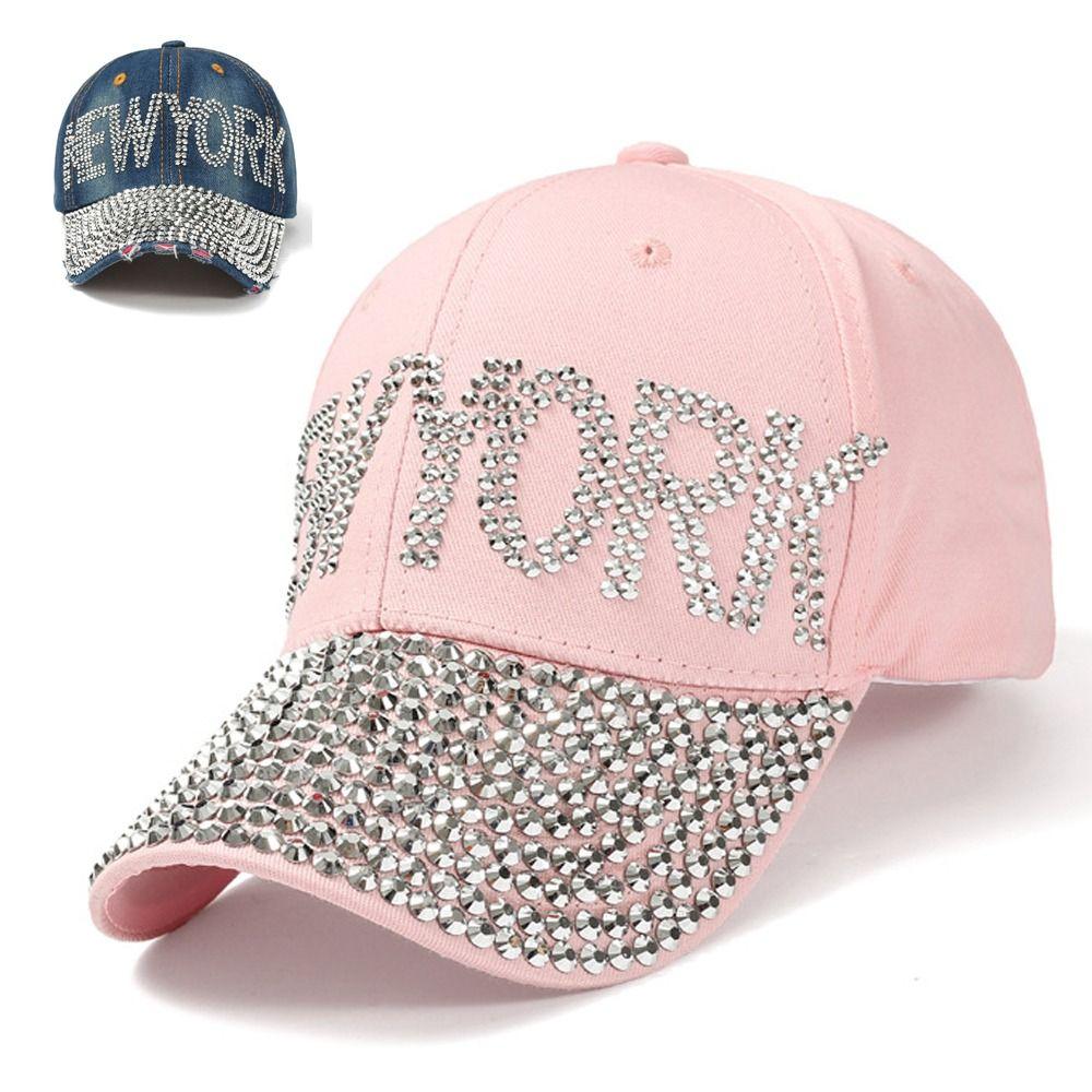 

NEW YORK Rhinestones Baseball Caps Adjustable Sunscreen Hats For Women Girls джинсовий синього кольору