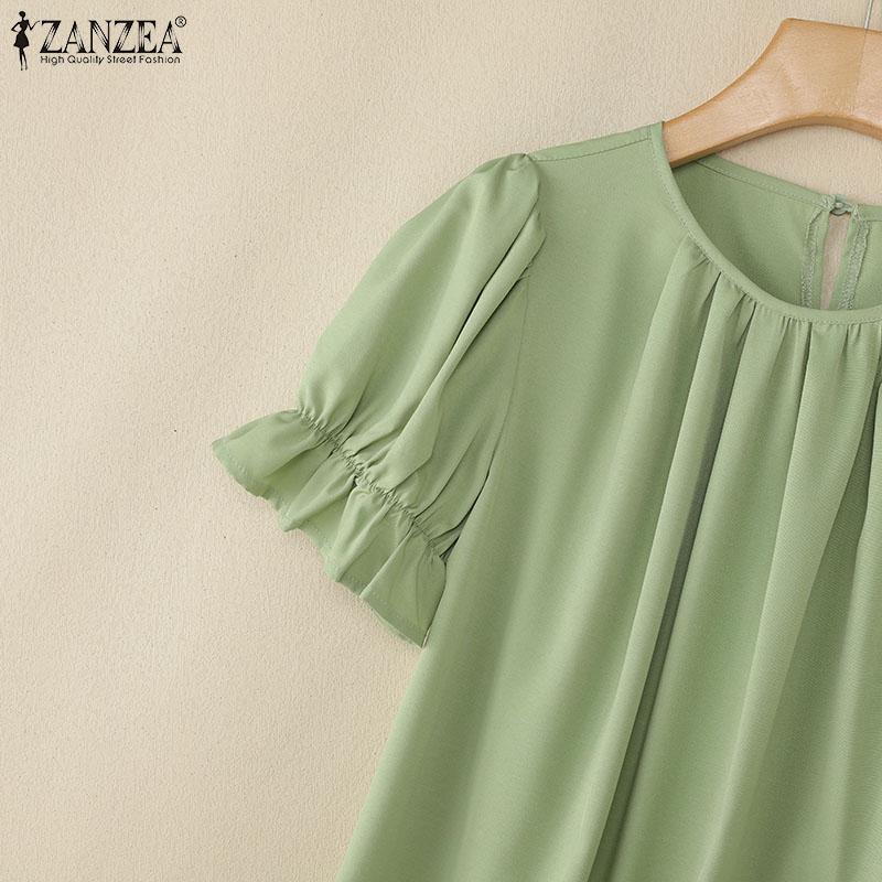 ZANZEA Blusa Feminina de Verão Casual de Manga Curta com Gola Redonda