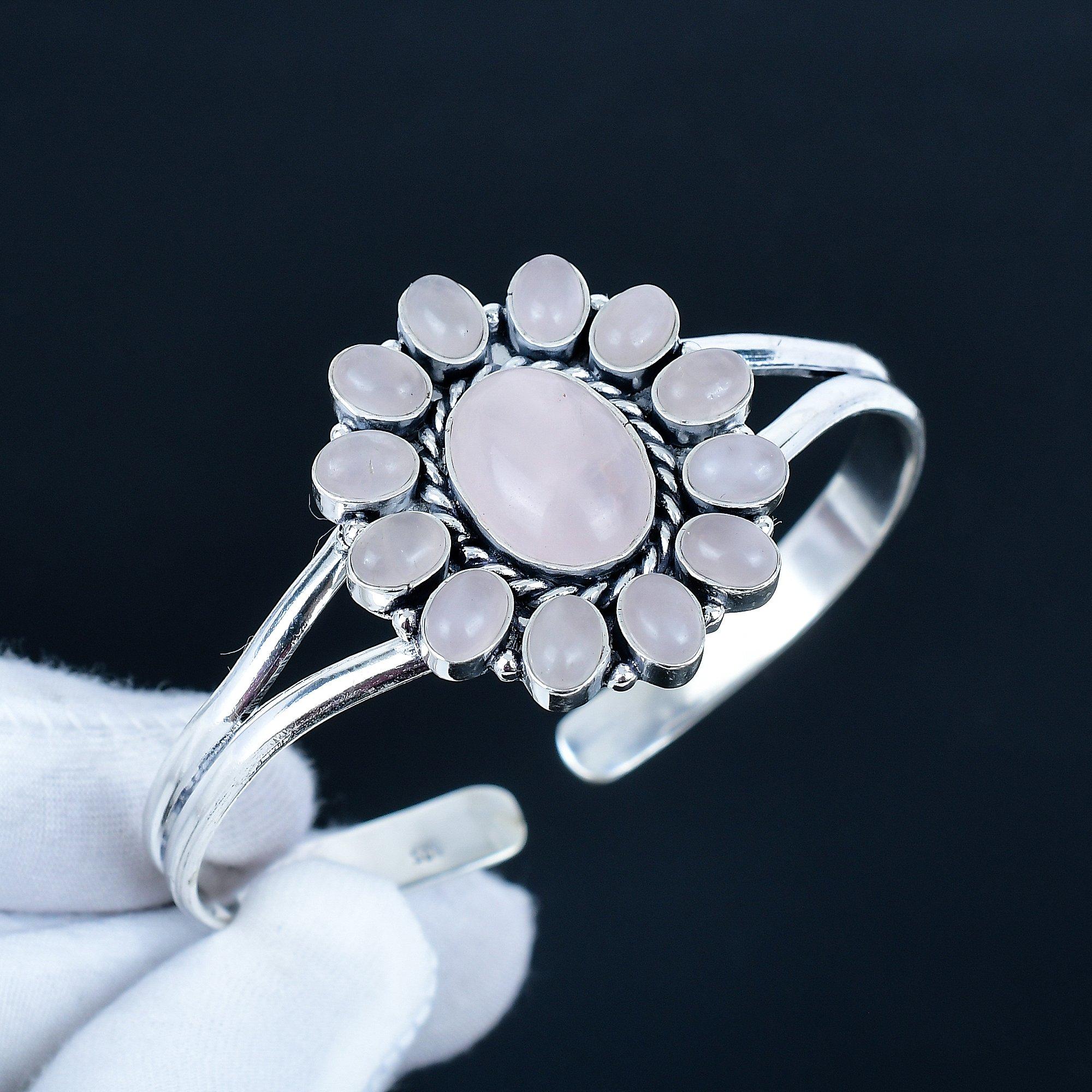 

Natural Rose Quartz Gemstone Handmade Cuff Bangle 925 Sterling Silver Cuff Bangle,Rose Quartz Flower Shape Bracelet For Wife, Unisex Bangle 7 розовый