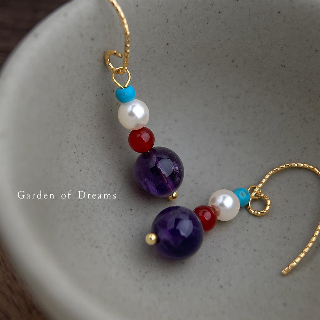 Handcrafted Amethyst Beaded Earrings: Retro Chinese Style for Cool Summer Elegance