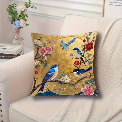 2D Flat- # Vintage Gold Chinoiserie Floral Birds Throw Pillow Cover Decorative Cushion Case For Sofa Bedroom Living Room