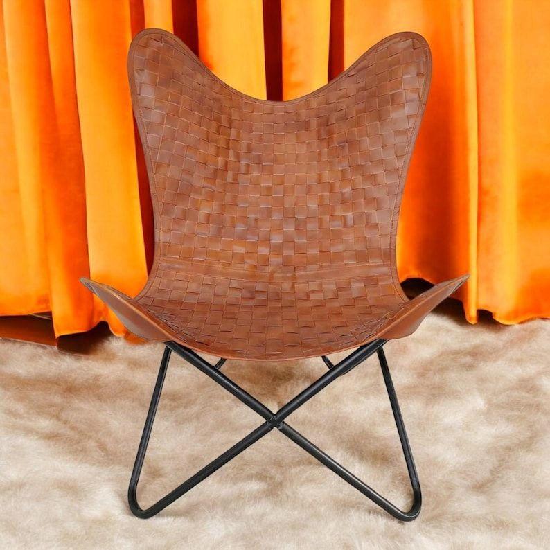 Vintage Inspired Butterfly Leather Lounge Chair Handmade with Genuine Leather Perfect for Modern Boho Home Decor