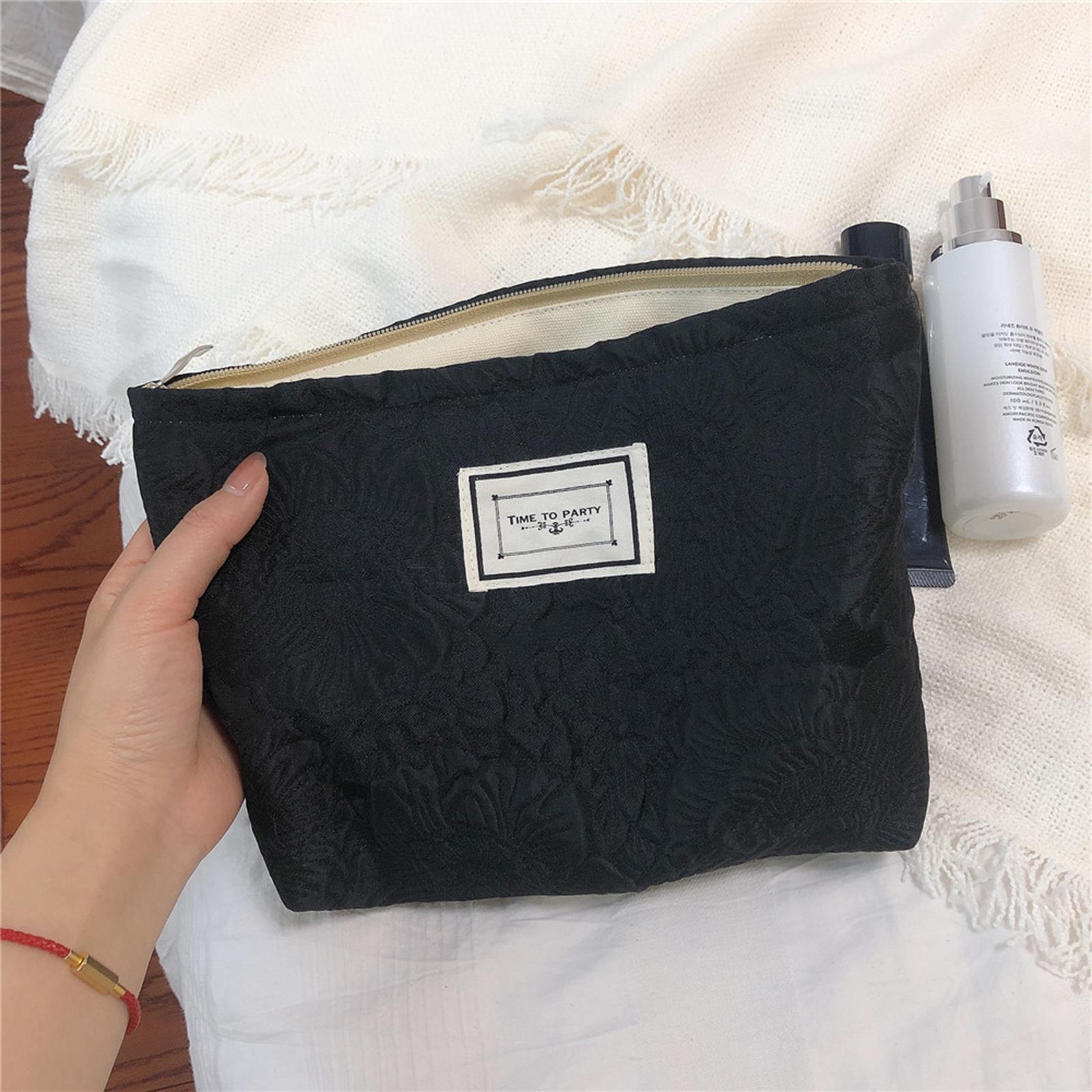 

337 Cosmetic Organizer Travel Bag Flower Pattern Canvas Toiletries Women Teen Girls Makeup Storage Pouch Black