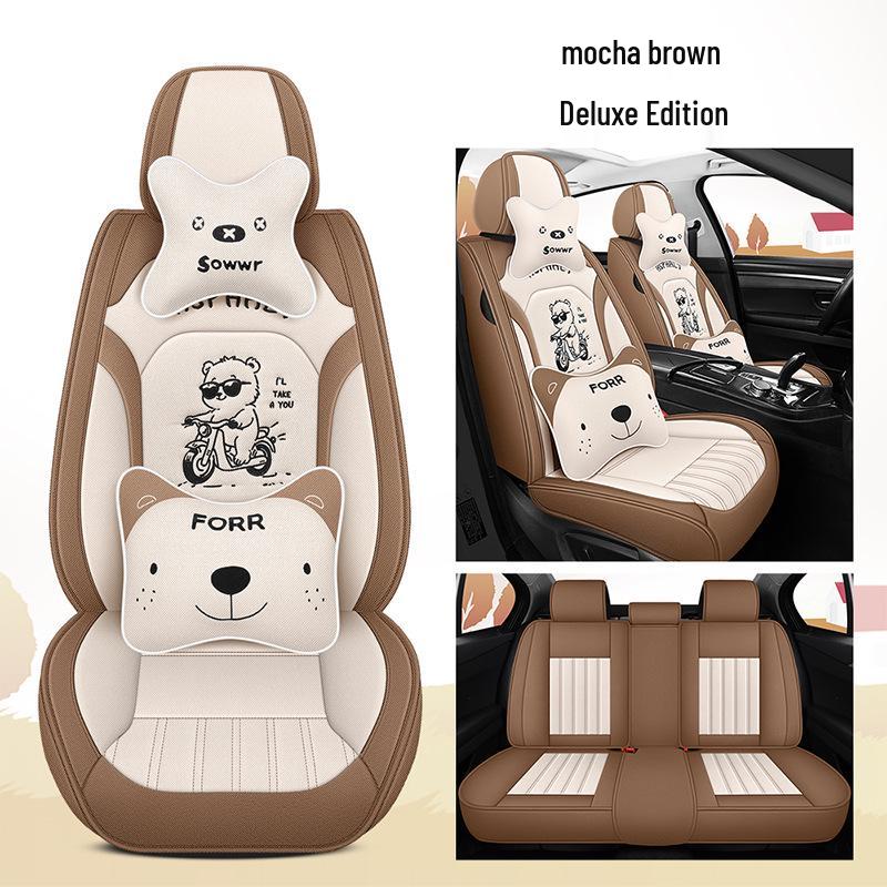 All-Season Linen Car Seat Cover - Breathable, Full Coverage with Cute Cartoon Design for Autumn/Winter