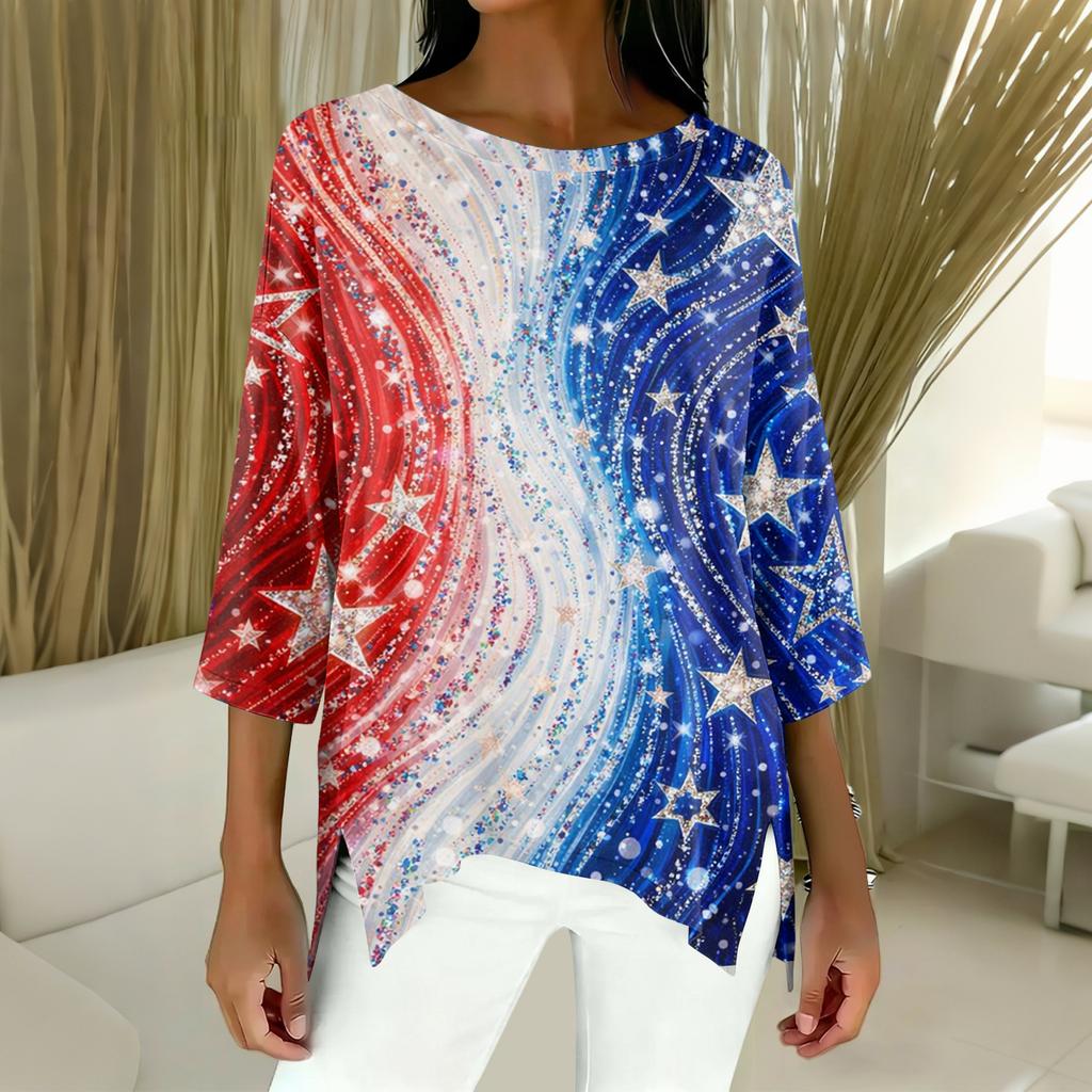 Women's Fashion Independence Day Print Three-Quarter Sleeve Top