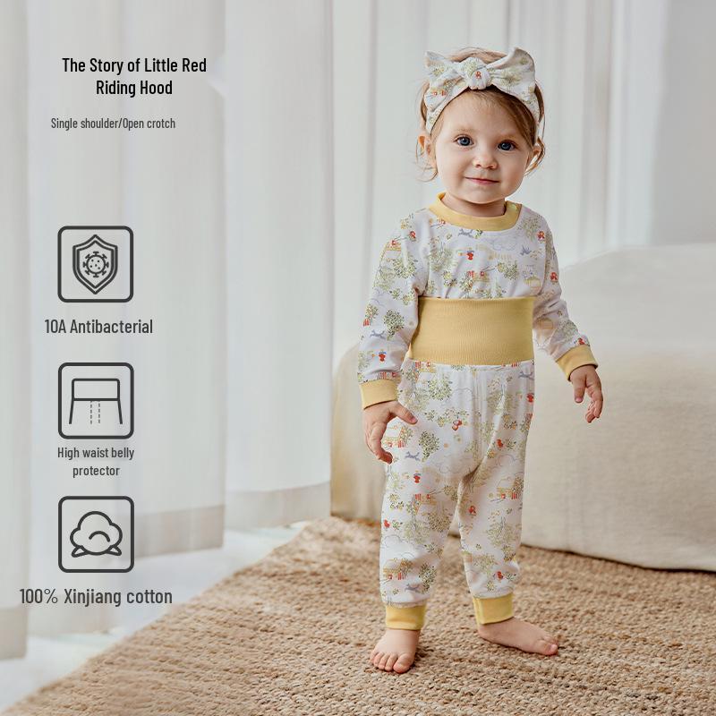 

European Infant Autumn Cotton Clothing Set – High Waist Top & Trousers for Baby Boys & Girls, Warm Belly Protection. Top: 80/48, Pants: 80/47