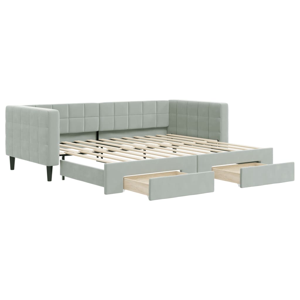 Daybed with Pull Out Function and Drawers Light Grey 90 X 200 Cm Velvet