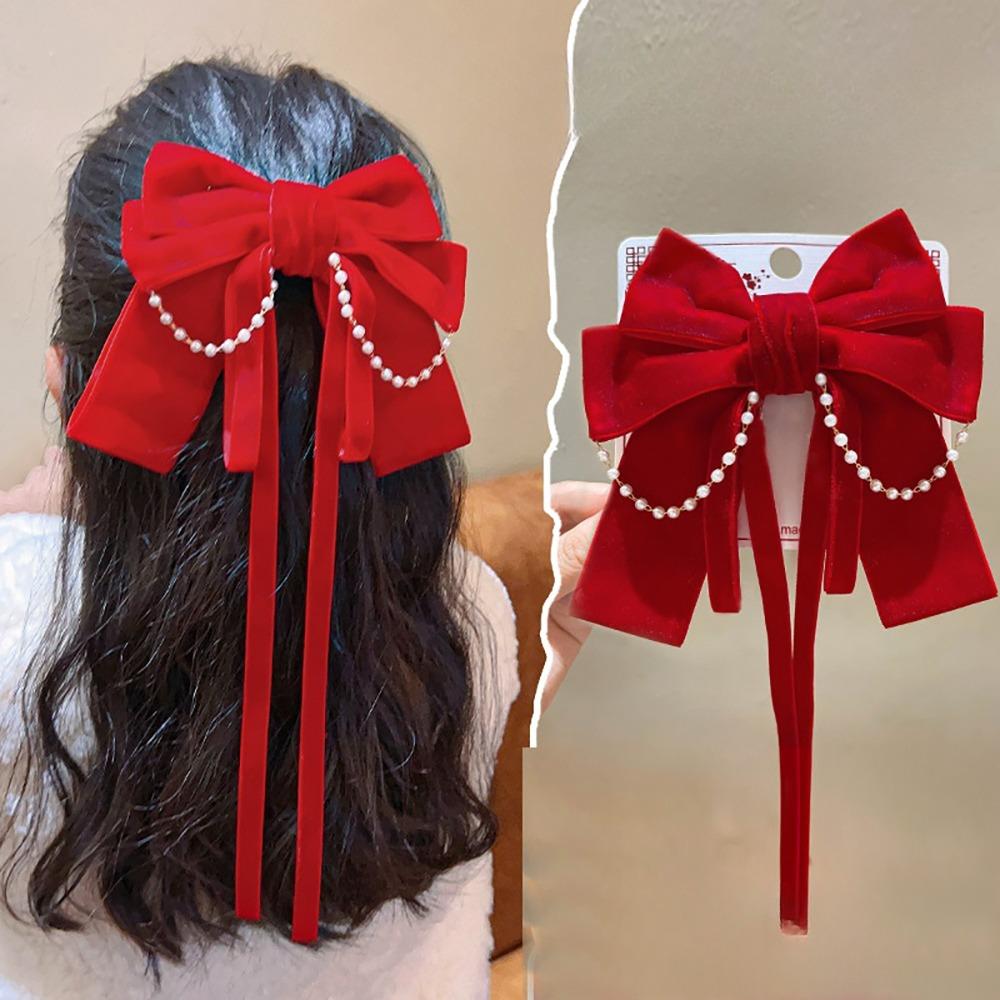 Headwear Red Bow Hair Clips Jewelry Tassels Pearl Barrettes Ribbon Hairpin  Hair Styling Accessory