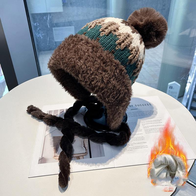 Damen Fair Isle Strickmütze Winter Warm Beanie Doppellagig Fleecegefüttert Verdickt Bommel Ohrenklappenmütze Bindeband Strickmütze