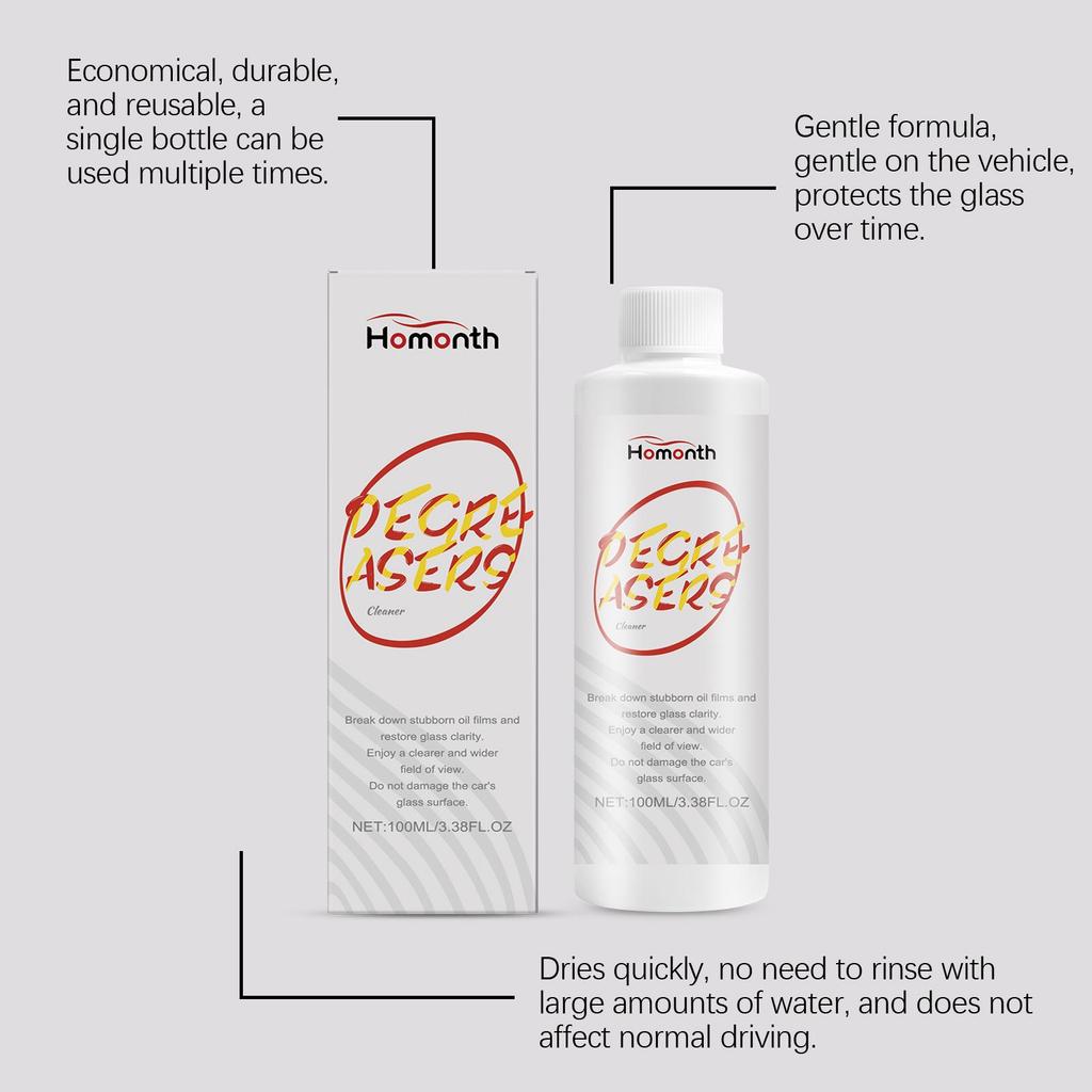 Homonth Automotive Glass Oily Film Cleaner, removes dirt and oil film, anti-fog, clear cleaning and maintenance for cars, 100ml