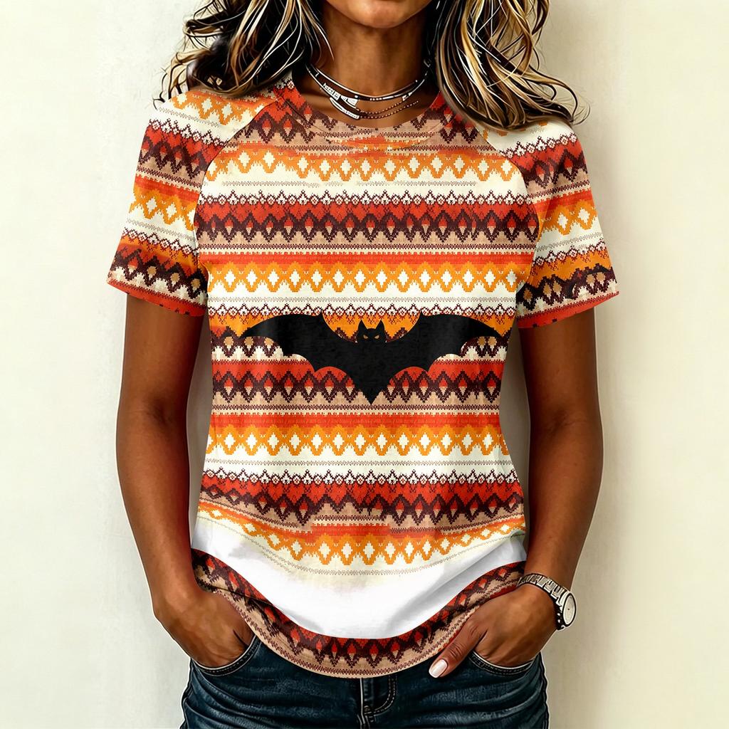 Womens Raglan Sleeve Casual T Shirt Halloween Print Short Sleeve Top Crew Neck Comfortable Fit Lightweight Fabric