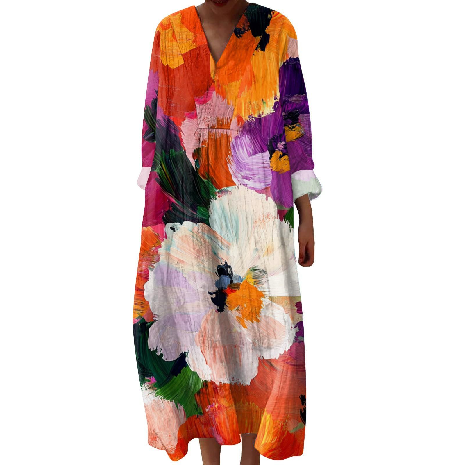 

Женское повседневное и модное платье с V-образным вырезом и цветочным принтом, с длинным рукавом S