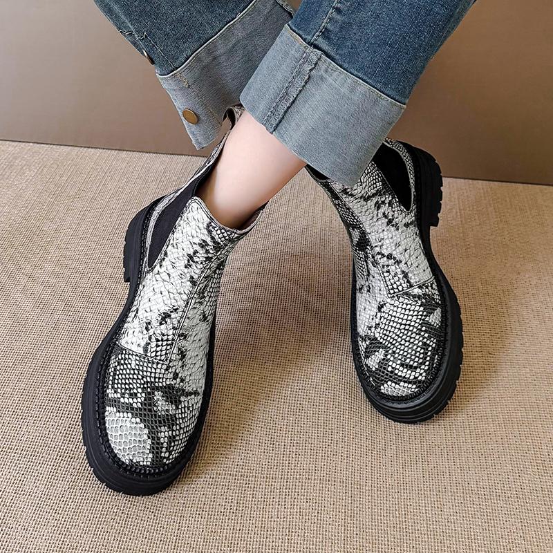 Fashion 2025 New Women Shoes Genuine Leather Mid Block Heels Chelsea Boots Autumn Winter Black Brown Snake Round Toe Slip-On Ankle Boots
