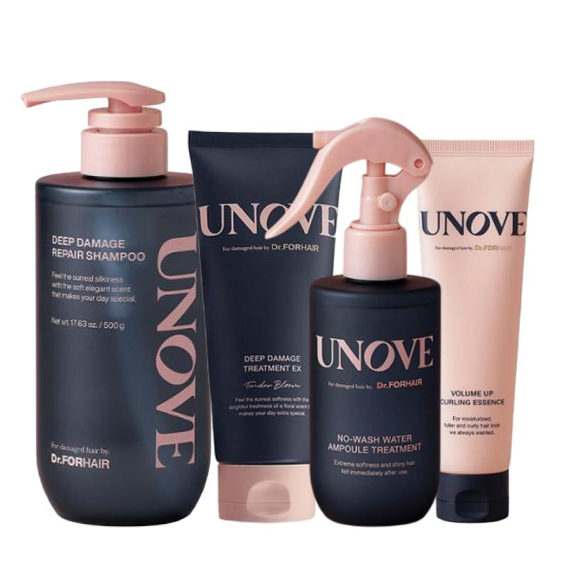 Набор UNOVE из 4 шагов (Шампунь 500 мл + Уход EX 207 мл + Несмываемая ампула для ухода 200 мл + Эссенция для объема и завивки 147 мл) Choose Treatment (Tender Bloom)