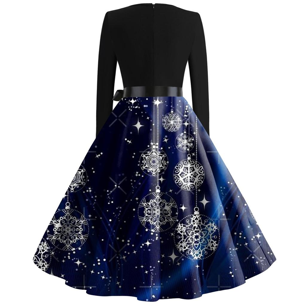 Women's Fashion V-Neck Casual Slim Christmas Printed Long Sleeve Hair Collar Dresses