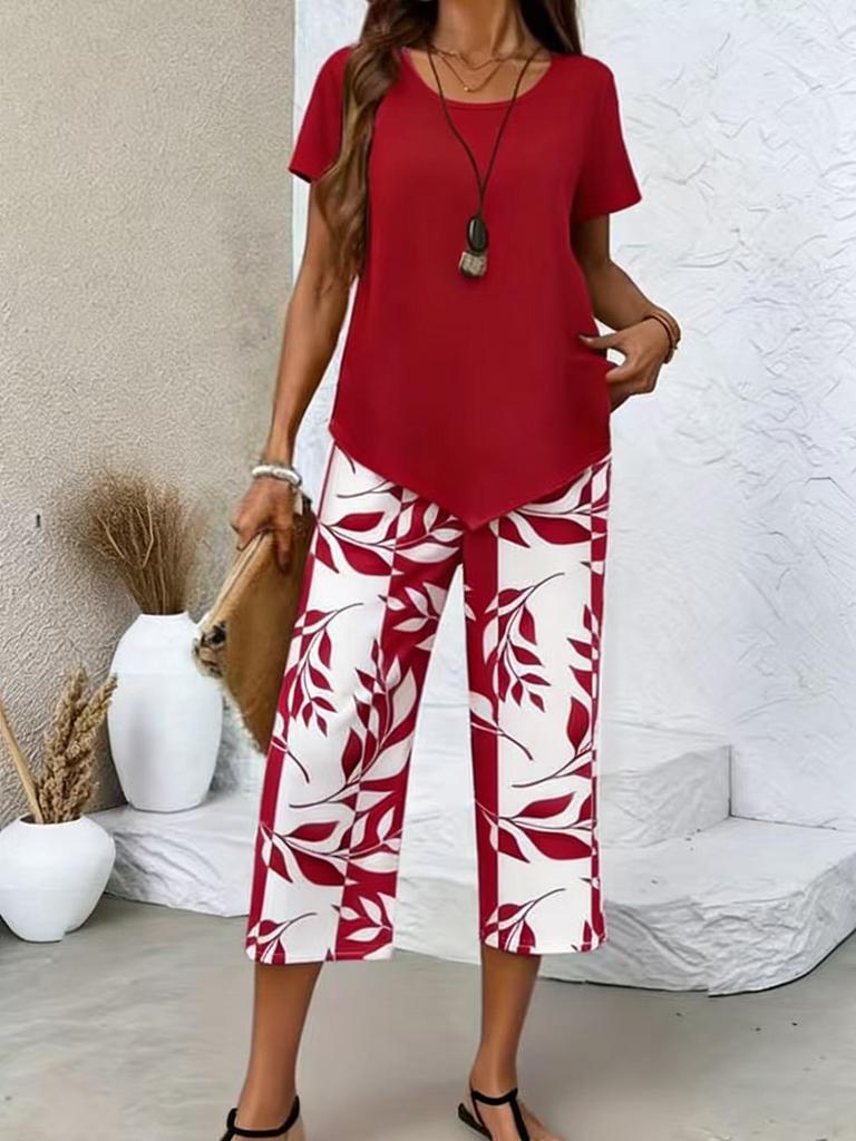 Light Blue Short Sleeve Two Piece Set with Cropped Top and Printed Pants