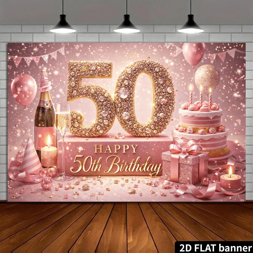2D Plane 50th Birthday Party Backdrop Fabric Golden Glittering Diamonds Numerals 50 Theme Champagne Bottle and Striped Party