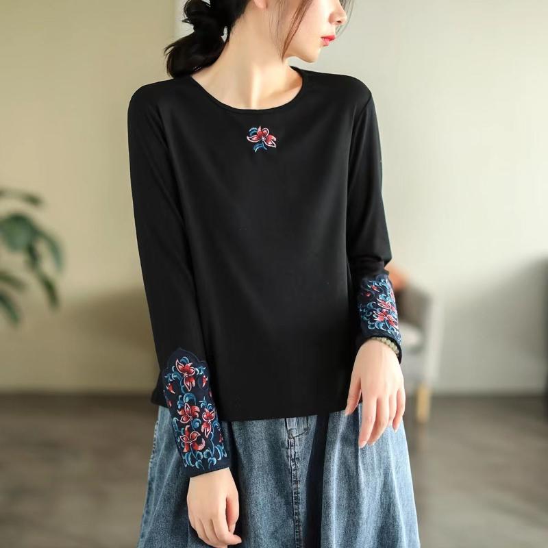 Pure Cotton Ethnic Style Embroidered Long-sleeved T-shirt for Women Autumn New Round Neck Pullover Bottoming Shirt