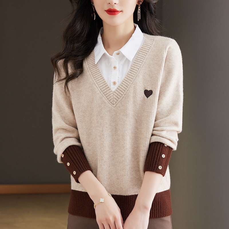 

Женский вязаный свитер с воротником-рубашкой из двух частей, свободный, в западном стиле, для весны и осени, топ-основа XL верблюд