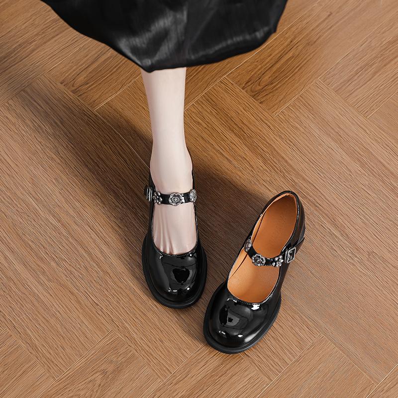 French retro round head bright patent leather single shoes women's versatile black light mouth temperament thick heel with Mary Jane shoes