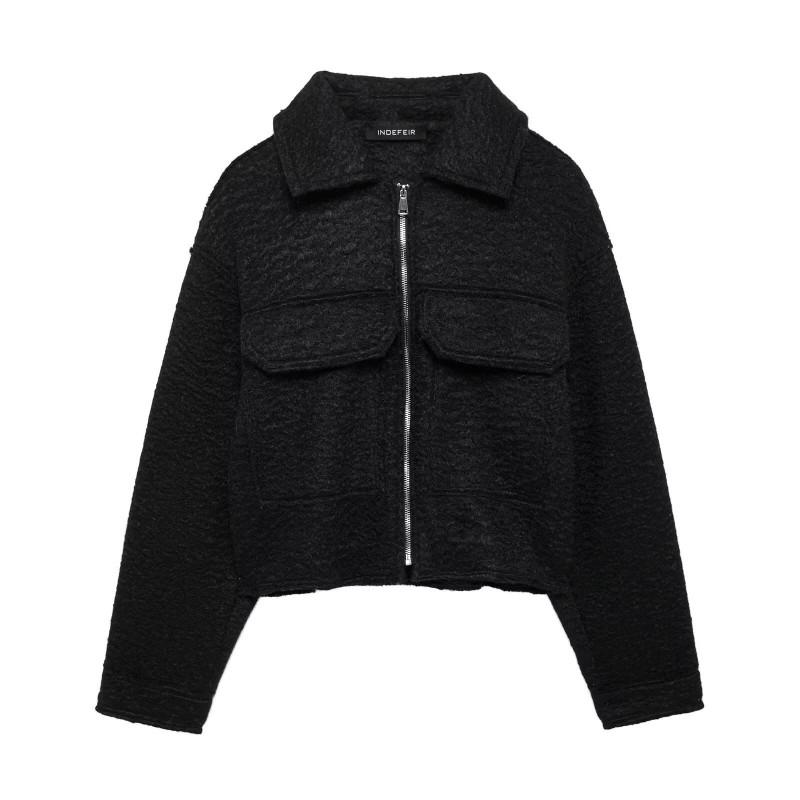 Womens Short Wool-Blend Jacket With Lapel Collar Zip Front Pockets Casual Chic Outerwear 2026
