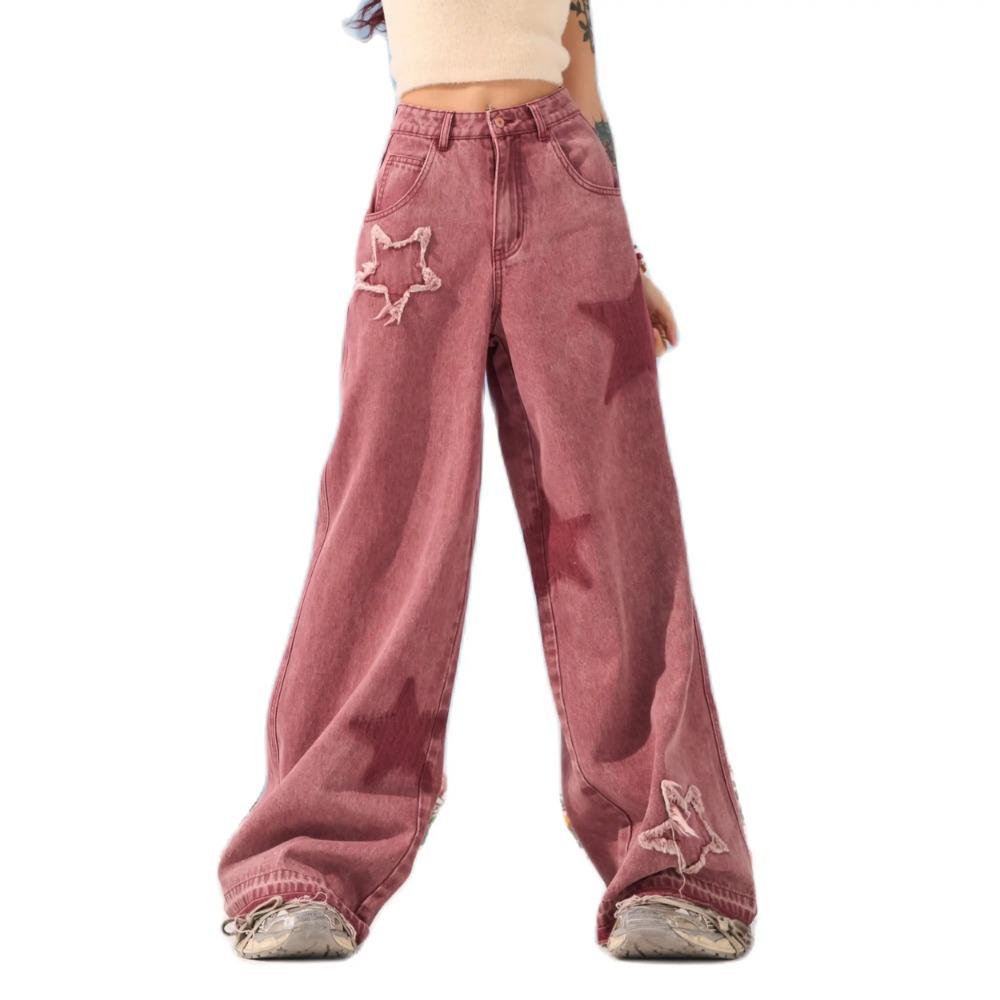 Pink Star Jeans mit geradem Bein für Damen, Sommermode, Design-Feeling, Y2K, lockere und schmale High Street-Jeans mit weitem Bein
