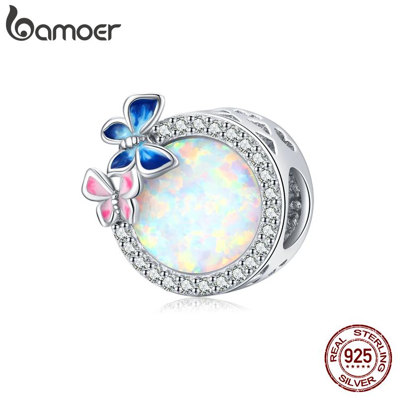

bamoer Opal Rround Bead 925 Silver Butterly Spring Charm fit Women Charm Bracelets Bangle DIY Stone Jewelry SCC1730 China Mainland