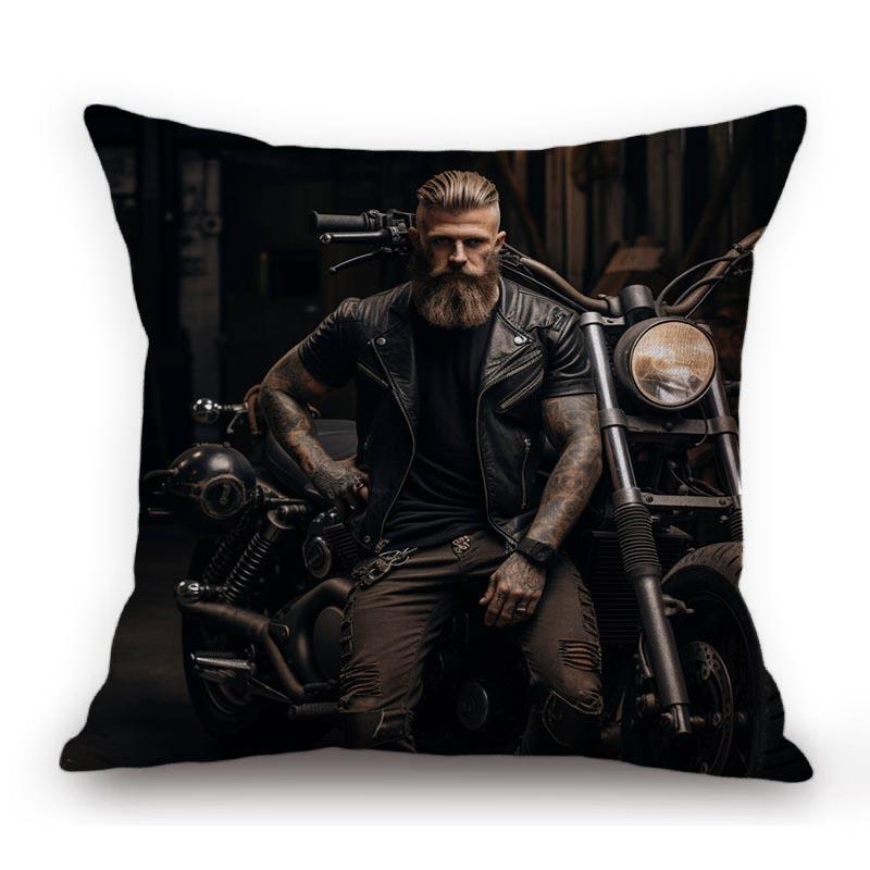 Handsome Sexy Muscle Man Motorcycle Chopper Bike Poster Art Home Decorative Sofa Pillow Case Cotton Linen Cushion Cover
