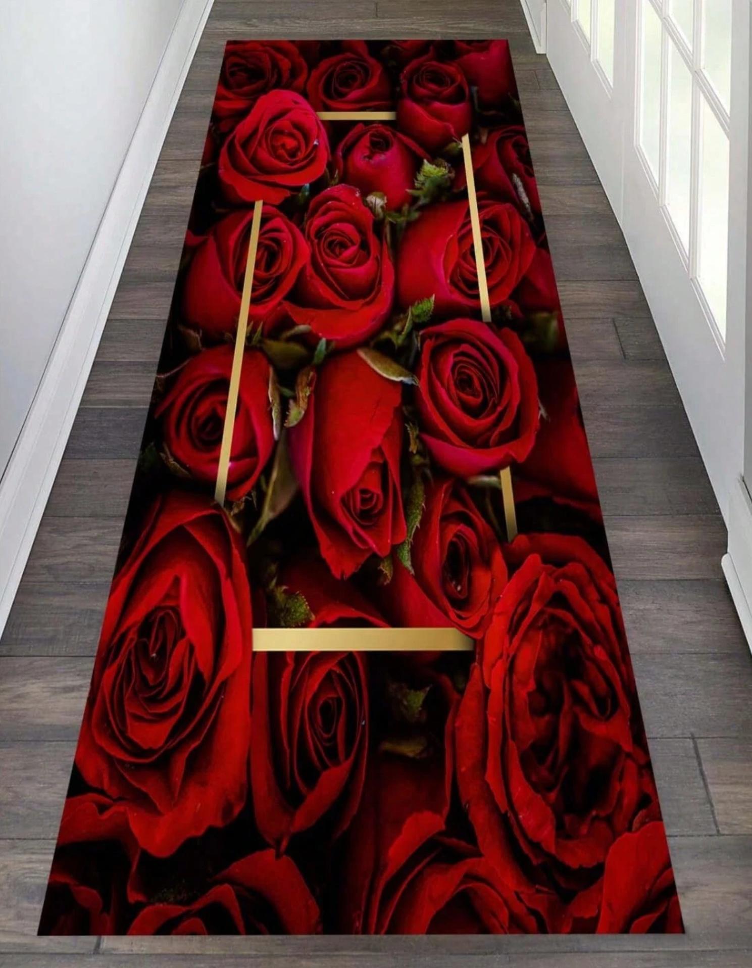 

Floral Rose Pattern Long Runner Rug Red Gold Vintage Style Mat Non Slip Durable for Hallway Kitchen Living Room Home Decor 40X120CM