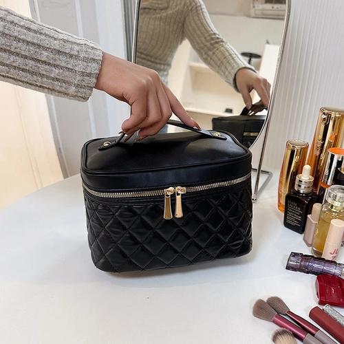 Stylish Quilted PU Makeup Bag Portable Cosmetic Organizer Travel Toiletry Pouch Black