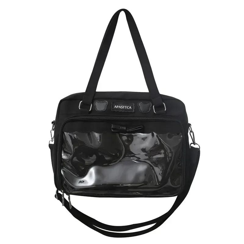 

Japanese Cute Transparent Canvas Itabag Fashion Girls One Shoulder Bag Student Personality Crossbody Bag with Badge Doll Ita Bag 36X8X26cm