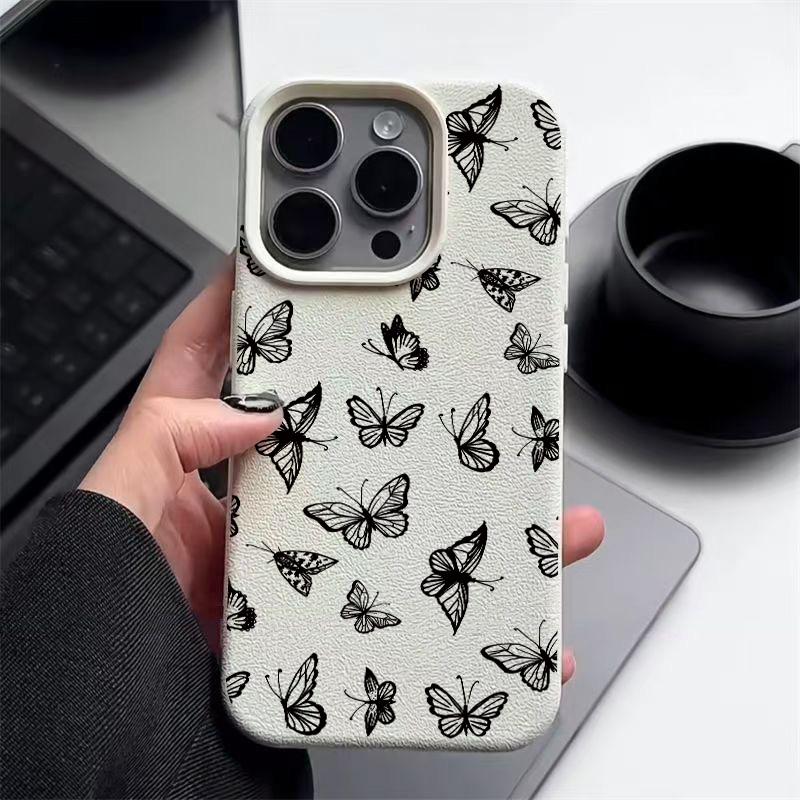 

Черный чехол с рисунком бабочки из кожи и текстурой TPU для iPhone 16 Pro Max 15 Pro 14 13 12 11, мягкий, тонкий, ударопрочный чехол для телефона iPhone 11 бежевый/белый