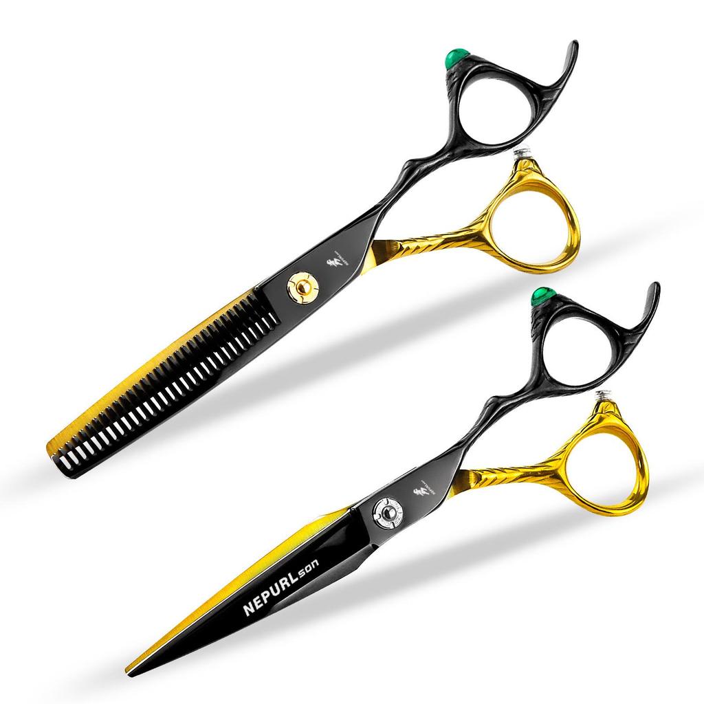 6.0-Inch Black Gemstone Naipusen Hairdressing Scissors Set: Includes Straight, Serrated, and Thinning Scissors for Hair Salon
