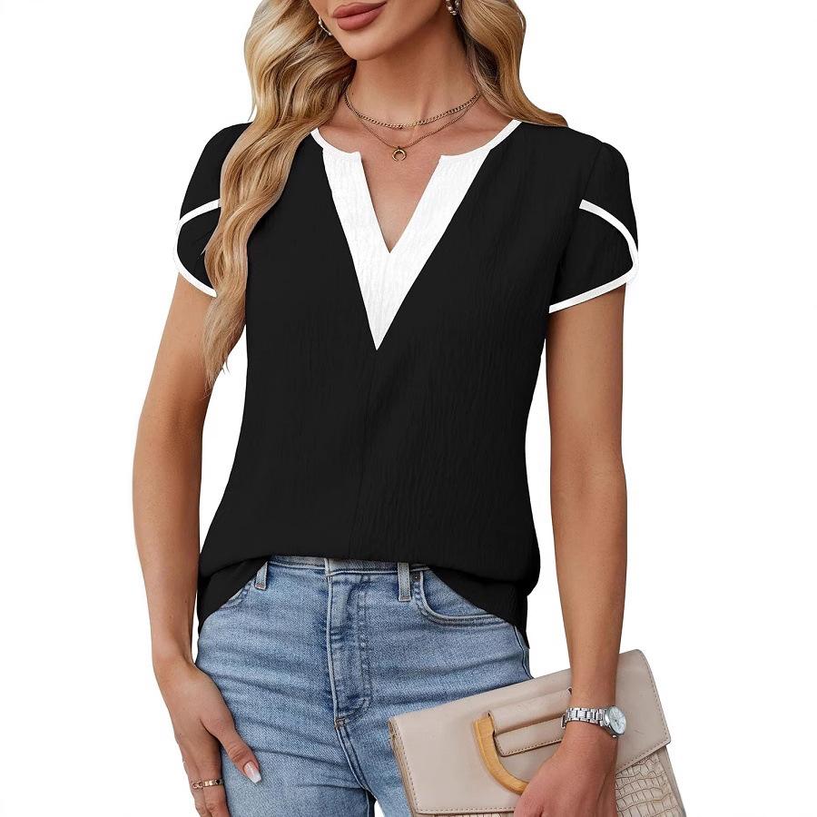 Ladies Summer split Short Sleeve v Neck color block Casual Pullover Blouse Shirt Top