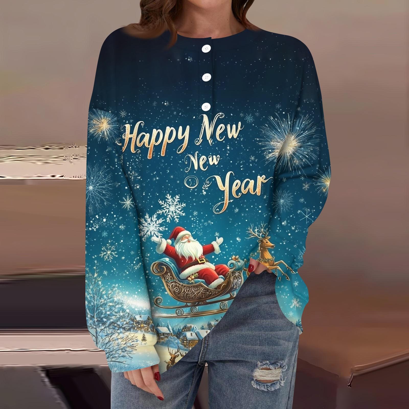 

Женская повседневная мода удобная рождественская футболка с длинным рукавом и круглым вырезом на пуговицах, свободный подол с боковыми разрезами L