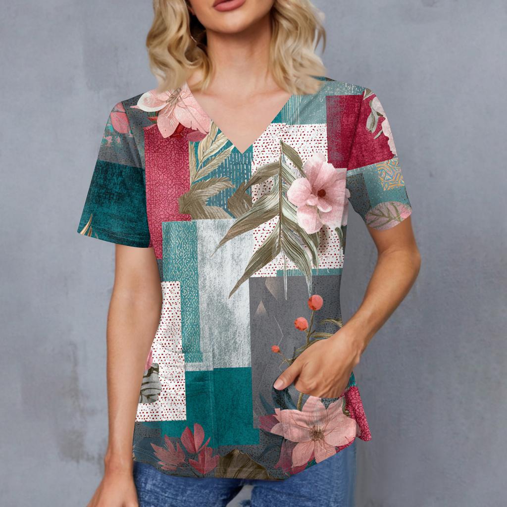 Women's Retro Printed V-Neck Double Pocket Short Sleeves Hem Slit  Uniform Caregiver Top